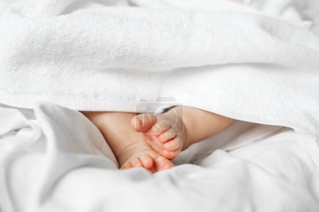 Feet of newborn under white blanket. Beautiful background. Newborn and family concept