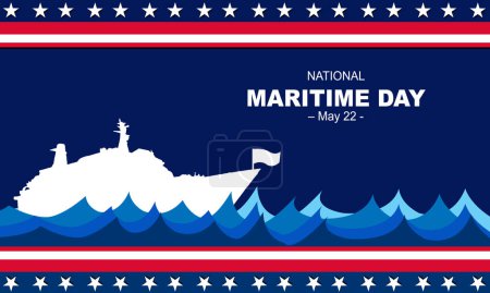Illustration for White silhouette of a maritime ship sailing on a sea of big waves, with the American flag in the background. commemorating NATIONAL MARITIME DAY  May 22. Maritime concept and background - Royalty Free Image