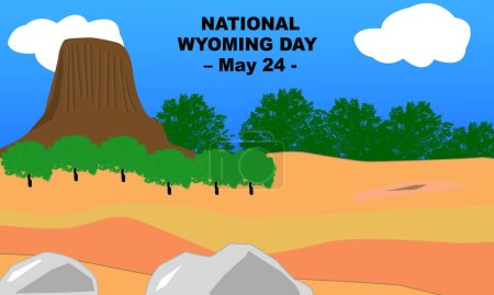 Illustration for Devil's tower national park with beautiful landmarks in WYOMING on a sunny day in bold text, commemorate NATIONAL WYOMING DAY - May 24th. WYOMING DAY theme templates and backgrounds - Royalty Free Image