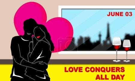 Téléchargez les illustrations : Silhouette d'un couple amoureux embrassant avec une photo d'amour derrière et 2 verres de vin par la fenêtre sur le fond de la silhouette de la ville de paris commémorant Love Conquers Toute la journée du 3 juin - en licence libre de droit