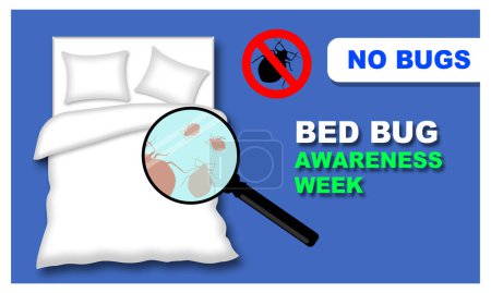 Illustration for Double size bed with 2 pillows use magnifying glass to look for bed bugs in bed and bold text commemorating Bed Bug Awareness Week - Royalty Free Image