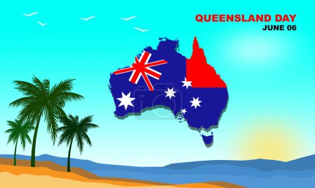 Téléchargez les illustrations : Australie Carte du Queensland avec de belles plages, cocotiers et mer et texte audacieux commémorant la Journée du Queensland le 6 juin - en licence libre de droit