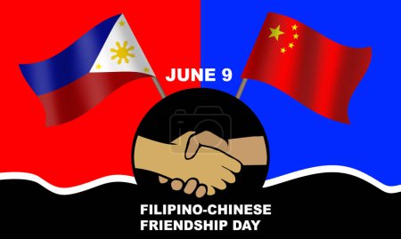Téléchargez les illustrations : Deux mains tremblant avec des drapeaux des Philippines et de la Chine et un texte audacieux commémorant la Journée de l'amitié Philippines-Chine le 9 juin. célébrer l'amitié cordiale entre les Philippines et la Chine - en licence libre de droit