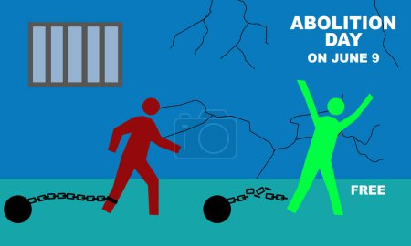 Ilustración de Silueta de un esclavo atado a una bola de cadenas de hierro y libre de prisión conmemorando el Día de la Abolición Guyana el 10 de junio - Imagen libre de derechos