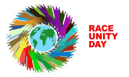 Téléchargez les illustrations : Silhouette de mains colorées entourant un globe et texte audacieux commémorant la Journée de l'unité raciale ou la Journée de l'amitié raciale en juin - en licence libre de droit