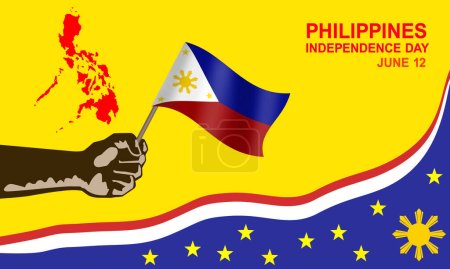 Illustration for Vector hand holding filipino flag with frame and filipino flag pattern map. commemorates Philippine Independence Day on June 12 - Royalty Free Image