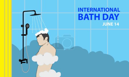 Ilustración de Una hermosa mujer lavándose el cuerpo o duchándose, con una ducha y texto en negrita conmemorando el DÍA DE BAÑO INTERNACIONAL el 14 de junio - Imagen libre de derechos