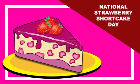 Ilustración de Un trozo de pastel de fresa con cobertura de fresa en un plato de oro con un fondo rosa y texto en negrita conmemorando el Día Nacional del Tarta de Fresa el 14 de junio - Imagen libre de derechos