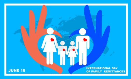 Illustration for Vector of a family with a heart symbol on the chest and a heart shaped hand icon against a globe background commemorating the INTERNATIONAL DAY OF FAMILY REMITTANCES on June 16 - Royalty Free Image