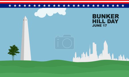 Téléchargez les illustrations : Un monument de la colline de bunker avec un arbre et la silhouette d'un bâtiment BOSTON par temps ensoleillé commémorant la BUNKER HILL DAY le 17 juin - en licence libre de droit