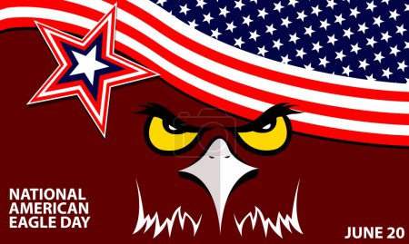 Téléchargez les illustrations : Aigle aux yeux perçants sur fond de drapeau américain et texte audacieux commémorant la JOURNÉE NATIONALE DE L'AGLE AMÉRICAIN Le 20 juin - en licence libre de droit