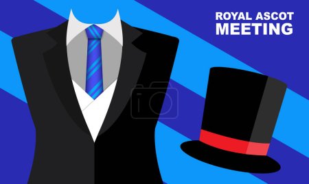 Téléchargez les illustrations : Un costume noir ou un long smoking avec une cravate à rayures bleues et un haut-de-forme britannique et un texte audacieux commémorant ROYAL ASCOT - en licence libre de droit