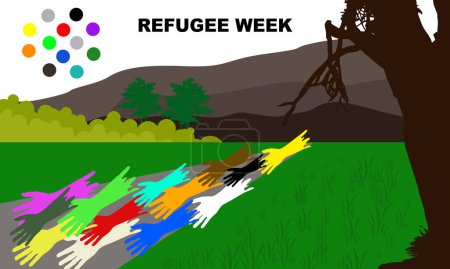Illustration for Colorful silhouettes of hands and landscapes of mountains and trees commemorating Refugee Week. Refugee Week celebrating the contributions, creativity, and resilience of refugees seeking sanctuary - Royalty Free Image