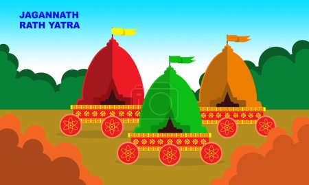 Illustration for 3 pieces of Nandighosa Or Lord Jagannath's Chariot Car. Jagannath Rath Yatra festivals of Hinduism. procession carrying the statues of Lord Krishna, Balaram, and Subhadra commemorating the RATH YATRA - Royalty Free Image