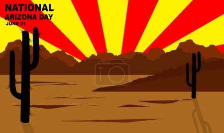 Ilustración de Llanuras y montañas de la región de Arizona con árboles de cactus y la bandera de Arizona puesta de sol. Celebración del DÍA NACIONAL DE ARIZONA el 21 de junio - Imagen libre de derechos