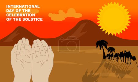 Téléchargez les illustrations : Une paire de mains priant le soleil avec le désert et les montagnes en arrière-plan et les silhouettes d'un troupeau de chameaux. commémorer la Journée internationale de la célébration du solstice 21 juin - en licence libre de droit