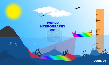 Illustration for A ship measuring and charting the depths of the ocean with outline icons and an underwater scene on a sunny day. commemorate WORLD HYDROGRAPHY DAY on June 21 - Royalty Free Image