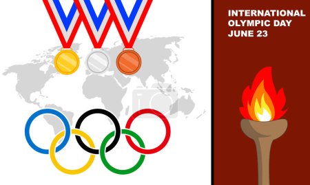 Ilustración de Logotipo olímpico con tres medallas (Oro, Plata y Bronce) con fondo del Mapa Mundial y antorcha olímpica conmemorativa del DÍA OLÍMPICO INTERNACIONAL el 23 de junio - Imagen libre de derechos