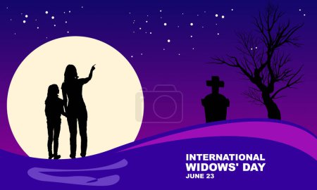 Illustration for Silhouette of a mother and daughter in the moonlight with her husband's grave and a dry tree silhouette commemorating International Widows' Day - Royalty Free Image