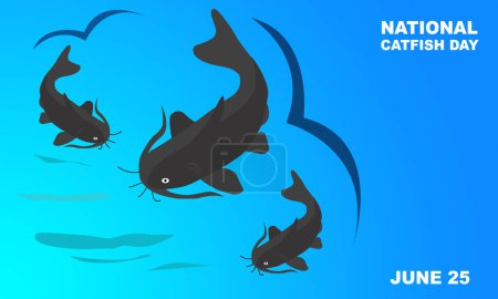 Illustration for 3 swimming catfish with a blue gradation background and bold writing commemorating NATIONAL CATFISH DAY June 25 - Royalty Free Image