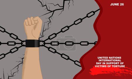 Téléchargez les illustrations : Une main liée par des chaînes de fer ou de métal contre un mur fissuré et un texte audacieux en arrière-plan, commémorant la Journée internationale des Nations Unies pour le soutien aux victimes de la torture - en licence libre de droit
