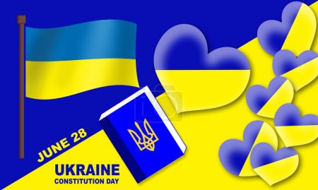 Ukrainische Flagge verschiedener Typen und Muster mit dem Buch über das Verfassungsabkommen und fettem Text zum Tag der ukrainischen Verfassung am 28. Juni