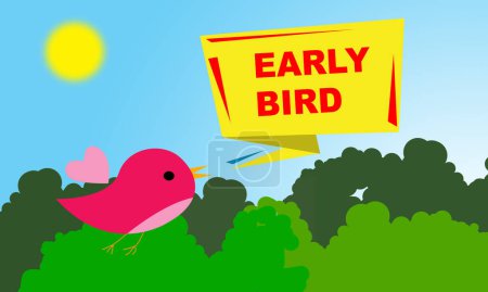 a cute pink bird flying with a yellow comment board with early bird written on it. commemorate Early Bird Day