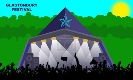Illustration for The Glastonbury stage with silhouettes of people watching the festival. Held every year at Worthy Farm in Pilton, Somerset, U.K. commemorate Glastonbury Festival - Royalty Free Image