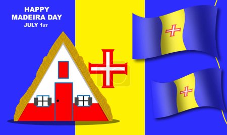 Ilustración de Una casa triangular con techo de paja o la llamada casa tradicional Santana y la bandera de Madeira ondeando sobre el fondo de la bandera de Madeira. conmemorar el Día de Madeira 1 de julio - Imagen libre de derechos