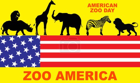 Téléchargez les illustrations : Silhouettes d'animaux du zoo (éléphant, girafe, lion et zèbre) avec drapeau américain et texte en gras pour commémorer la Journée du zoo américain le 1er juillet - en licence libre de droit