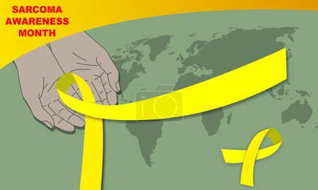 Ilustración de Un par de manos sosteniendo una cinta amarilla de salud con un mapa mundial y un texto audaz que conmemora el MES DE CONCIENCIA DE SARCOMA - Imagen libre de derechos