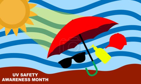 Ilustración de Paraguas rojo, gafas de sol, crema solar y sombrero rojo. herramientas que protegen de los rayos UV del sol y el texto en negrita que conmemora el MES DE CONCIENCIA DE LA SEGURIDAD UV - Imagen libre de derechos