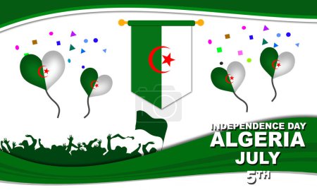 Téléchargez les illustrations : Drapeau algérien et ballons en forme d'amour Drapeau algérien avec des silhouettes de son peuple célébrant ou commémorant la fête de l'indépendance en Algérie le 5 juillet - en licence libre de droit