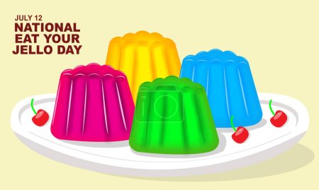 Gelee Atau Gelatine mit bunten Farben auf einem Teller mit Kirschen und fettem Text zum Nationalfeiertag Eat Your Jello Day am 12. Juli dekoriert