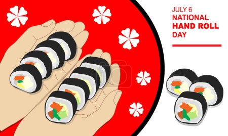Illustration for A pair of hands holding sushi neatly arranged in a red frame and bold text to commemorate National Handroll Day 6 JULY - Royalty Free Image