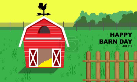 Ilustración de Un granero rojo en medio de un gran patio con una valla de madera y un texto en negrita conmemorando el feliz día del granero - Imagen libre de derechos