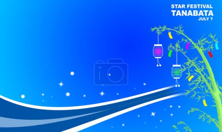 Illustration for Illustration of bamboo trees and bamboo branches with hanging lanterns and wish paper with Copy space. commemorating the Star Festival or Tanabata. - Royalty Free Image