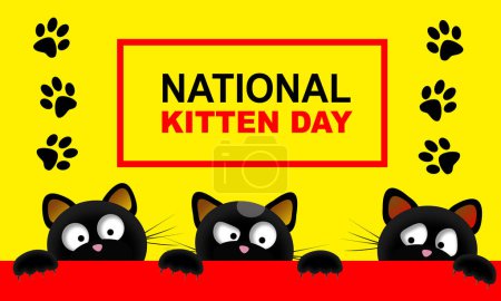 Ilustración de Ilustración de 3 gatos negros jugando y escondiéndose y huellas de gatos y texto en negrita conmemorando el Día Nacional del Gatito - Imagen libre de derechos