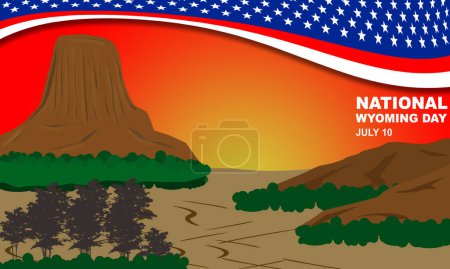 Illustration for Illustration of Devils Tower national monument in northeast Wyoming, United States with Ribbon Fame background with america pattern. commemorate National Wyoming Day - Royalty Free Image