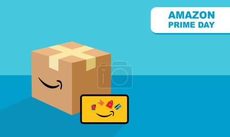 Téléchargez les illustrations : Un coffret avec une icône Amazon Prime et un téléphone tablette avec un fond bleu vif commémorant Amazon Prime Day - en licence libre de droit