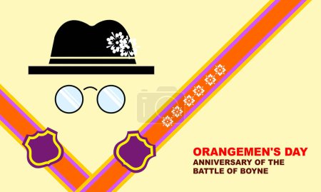 Illustration for Top hat and eyeglasses with ORANGEMEN'S stripe frame pattern and bold text commemorating the Anniversary of the Battle of the Boyne ORANGEMEN'S DAY - Royalty Free Image