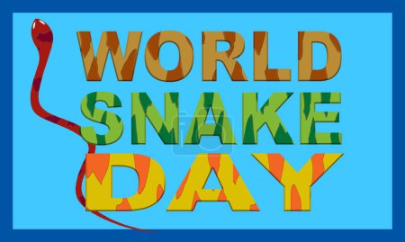 Téléchargez les illustrations : Écriture ou lettrage WORLD SNAKE DAY avec un motif de peau de serpent et une illustration de serpent dans un cadre de boîte commémorant WORLD SNAKE DAY - en licence libre de droit