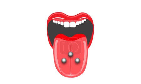 Illustration for Illustration of mouth and tongue pierced with three titanium silver, commonly Triple tongue piercings - Royalty Free Image