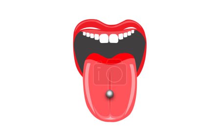 Illustration for Illustration of mouth and tongue pierced with one titanium silver, commonly called snake eye piercing - Royalty Free Image