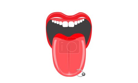 Illustration for Illustration of mouth and tongue pierced with  titanium silver, pierced tongue rings - Royalty Free Image