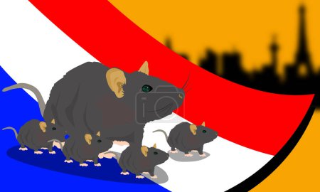 Illustration for Illustration of a rat standing on a French flag with a silhouette of a French city view. human and rats live together in Paris problem - Royalty Free Image