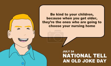 Illustration for Illustration of a man with golden hair and a blue shirt laughing and telling a joke. commemorate National Tell An Old Joke Day July 24 - Royalty Free Image
