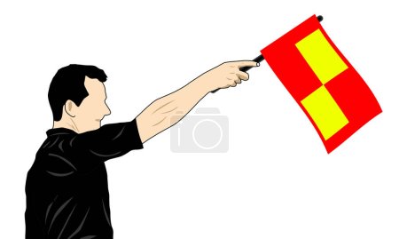 Illustration for The football referee raises the flag indicating that the football player is in an offside game - Royalty Free Image