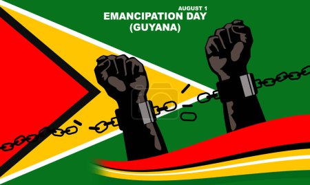 Ilustración de Un par de manos atadas con cadenas en el fondo de la bandera de Guyana que conmemora el Día de la Emancipación (Guyana) - Imagen libre de derechos