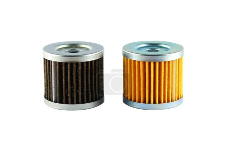 Used and unused Motorcycle oil filters are isolated on a white background. Clipping path included.